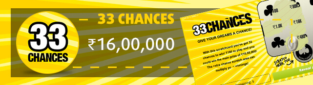 Win the top prize of ₹16,00,000 with the 33 Chances scratchcard